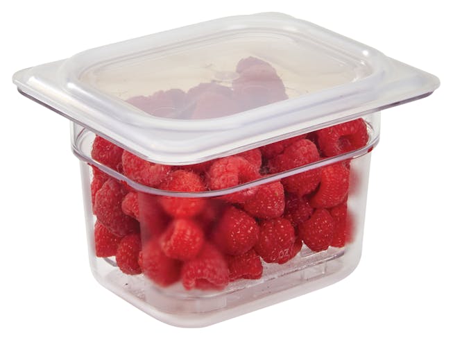 84CW135 Camwear 4" Eighth Size Clear Food Pan w Raspberries